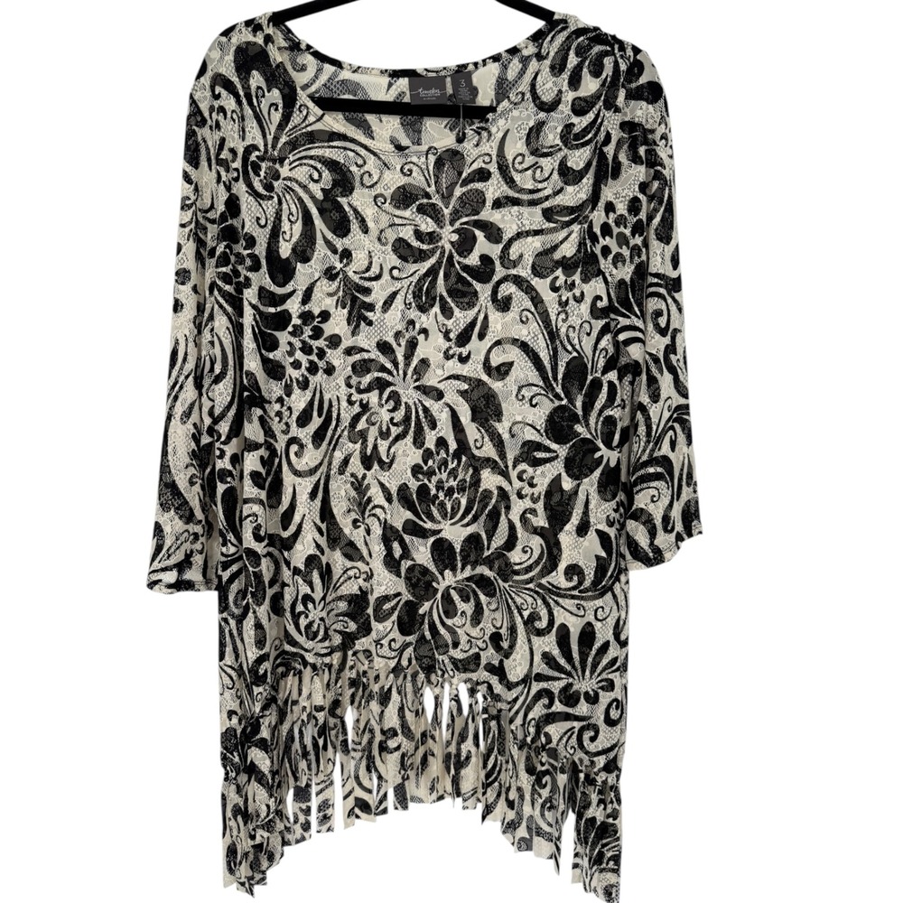 NWT Chico's Womens Travelers Baroque Lace Fringe Top Black Ecru 3/4 Sleeve Sz XL